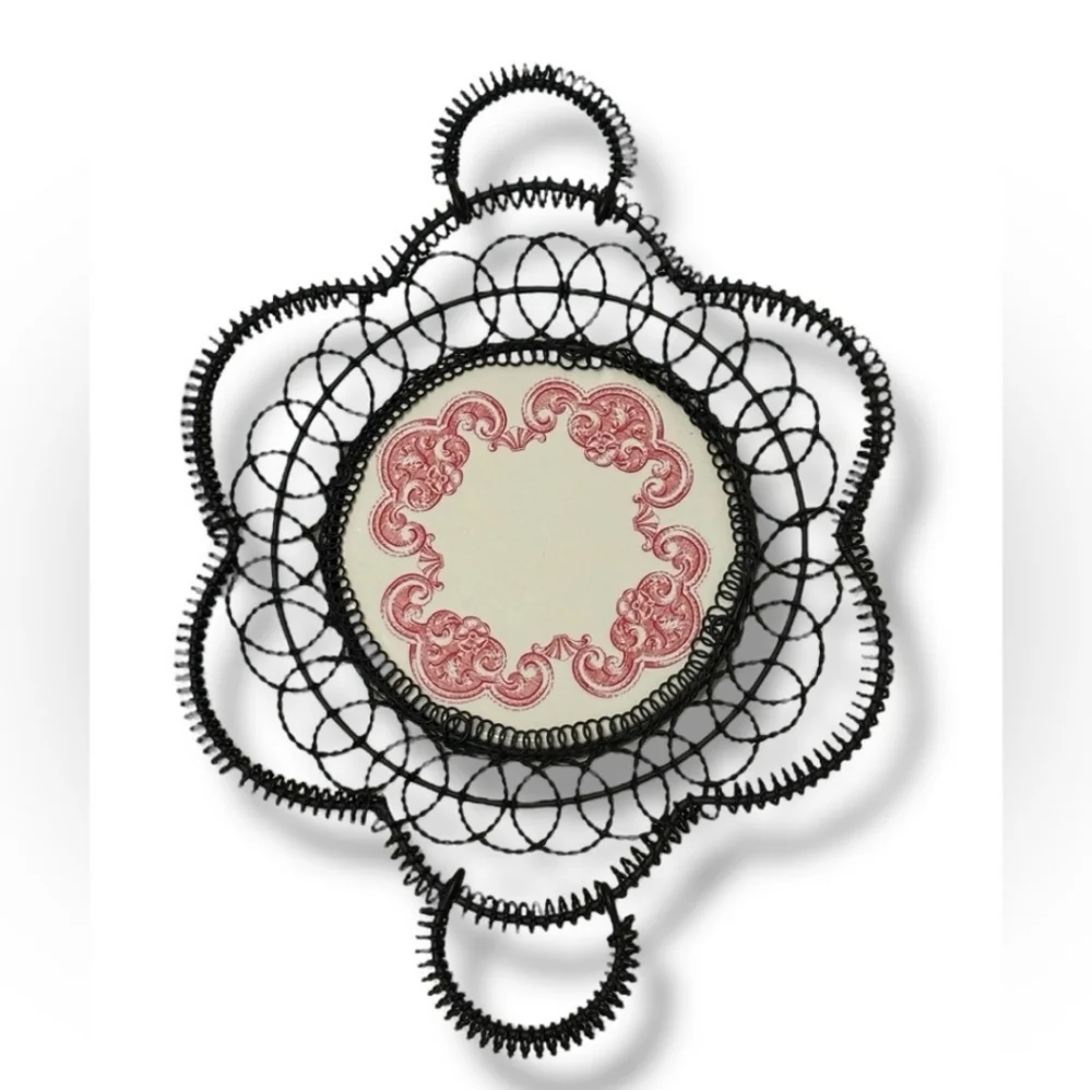 VINTAGE Black Coiled Wire Basket Ivory Ceramic Base Red Scrollwork Design